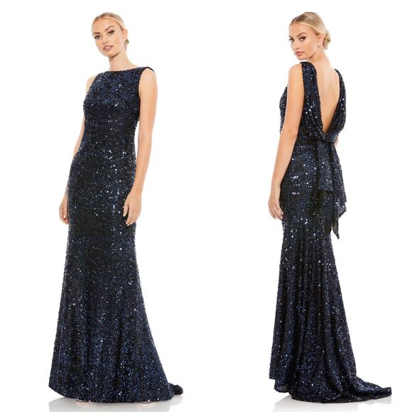 NWT Mac Duggal Cowl Back Boat Neck Sequined Evening Gown Blue US 6 - Picture 1 of 9
